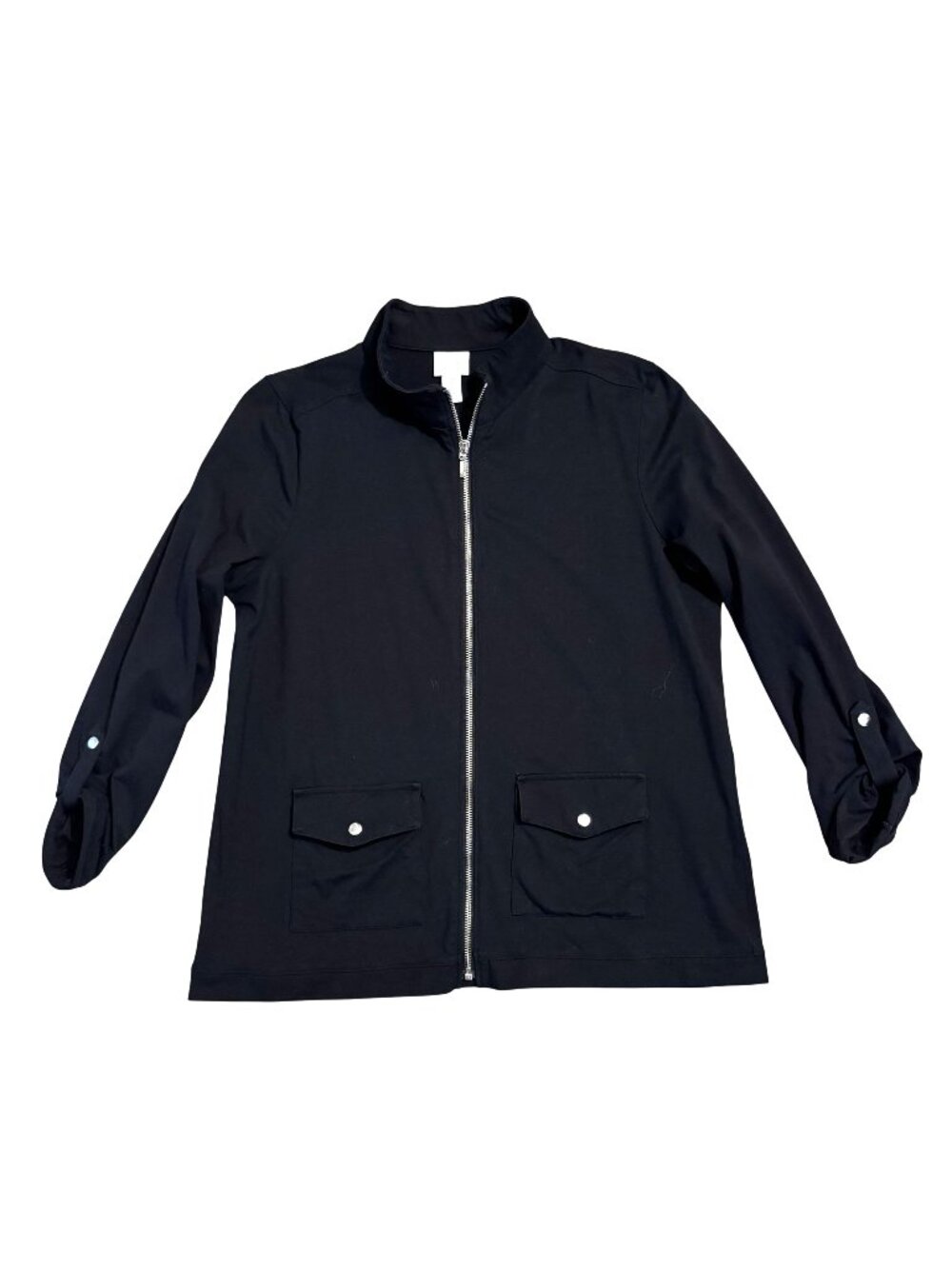 Weekends by Chico's Black Zip Jacket Pockets‎ Size 2 = Large/12 Roll Tab Sleeve